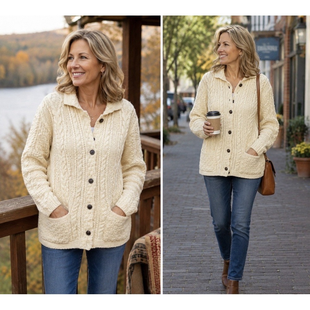 INIS CRAFTS Wom Small Chunky‎ Wool Cable Knit Button Front Cardigan Sweater